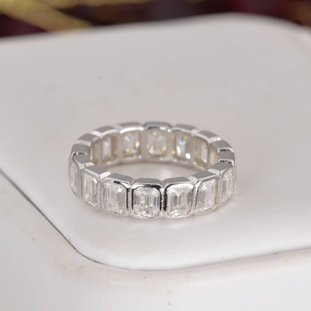 Emerald Cut All Moissanite Full Eternity Ring 925 Sterling Silver